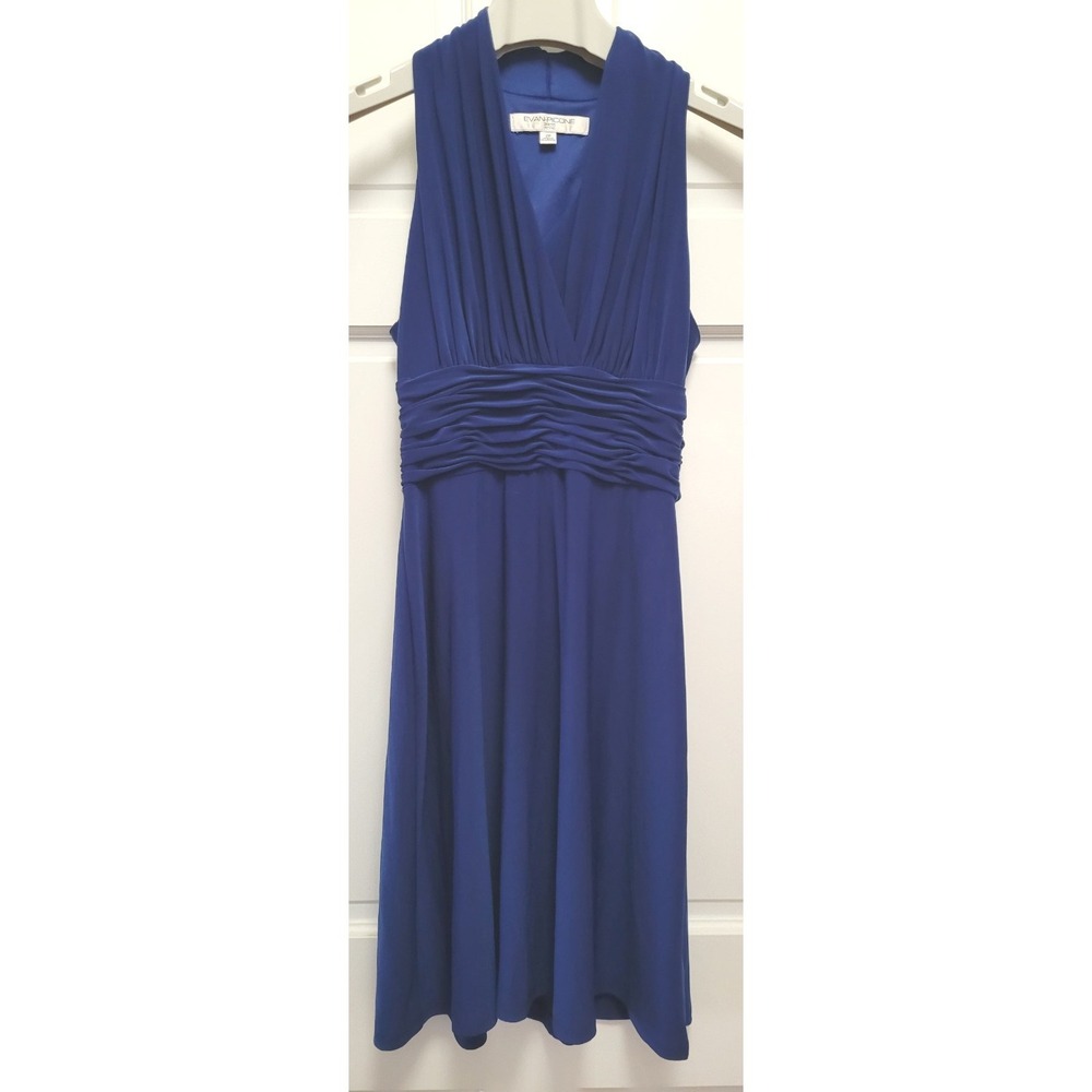 Evan Picone Sleeveless V-Neck Ruched‎ Jersey Midi Dress - Blue - Sz 2 Petite